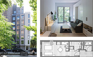 Collage einer Außenansicht eines Apartment-Blocks, einer Innenansicht der dazugehörigen Wohnung und einem Querschnitt der Wohnung