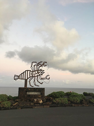 Lobster-shaped sculpture in front of the beach of Lanzarote