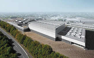 Fassade in Grautönen, Schwarz und Weiß von dem Gira Produktions-, Entwicklungs- und Logistikzentrum