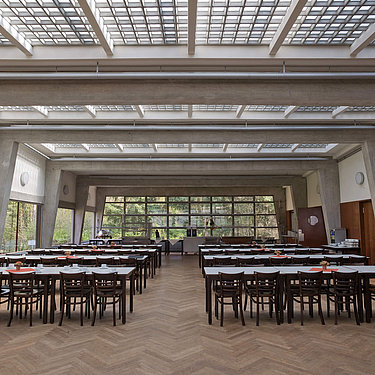 ADGB Trade Union School inside with long tables and many chairs